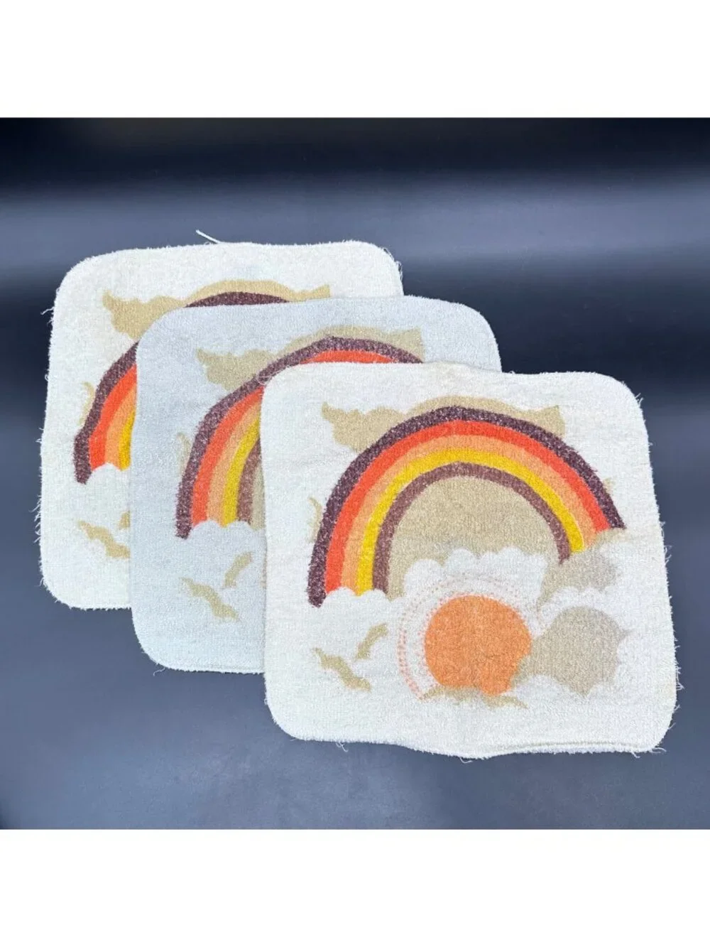 Vintage Rainbow Washcloths Cannon USA 1980s Retro Set Of 3 Brown Orange Yellow